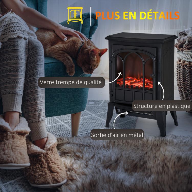 Freestanding electric fireplace 1000/2000 W, decorative faux fireplace with LED flame effect, overheat protection, coverage area 15–30 m2, black