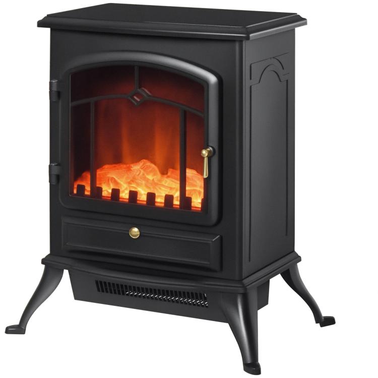 Retro-Style Electric Fireplace Stove with Flame Effect, Thermostat (1000/2000 W), Overheat Protection – Black