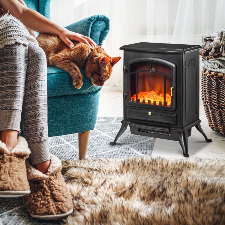 Retro-Style Electric Fireplace Stove with Flame Effect, Thermostat (1000/2000 W), Overheat Protection – Black