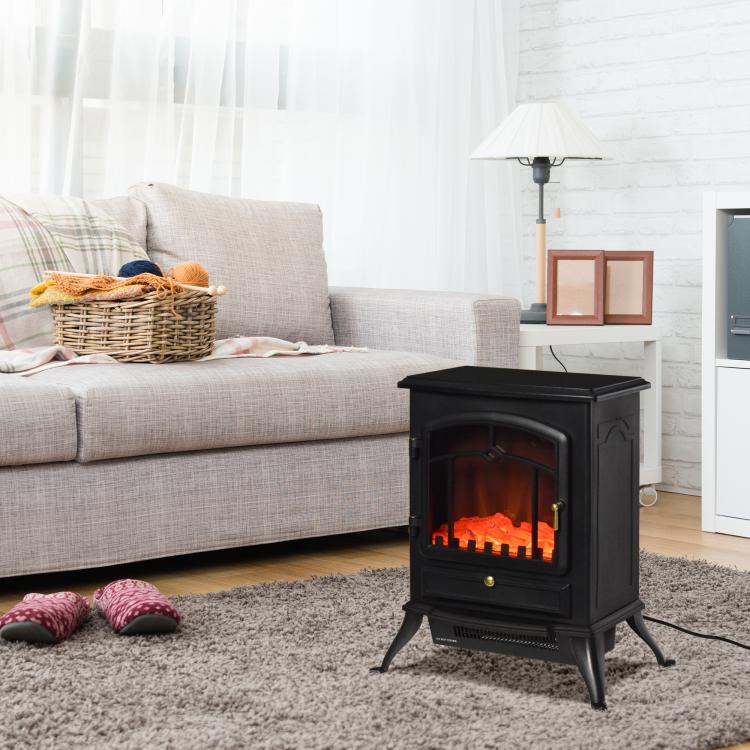 Retro-Style Electric Fireplace Stove with Flame Effect, Thermostat (1000/2000 W), Overheat Protection – Black