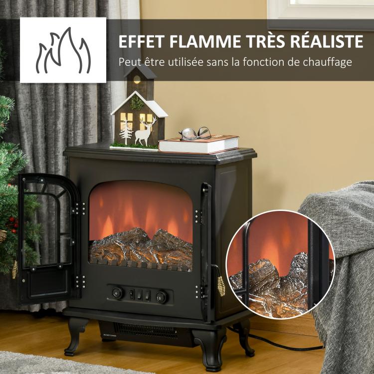 Neo-retro style electric stove fireplace, 2 doors, tempered glass, 1000/2000 W, adjustable LED brightness, steel and ABS, black.