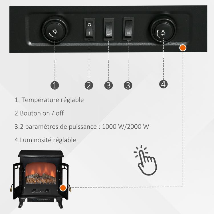 Neo-retro style electric stove fireplace, 2 doors, tempered glass, 1000/2000 W, adjustable LED brightness, steel and ABS, black.