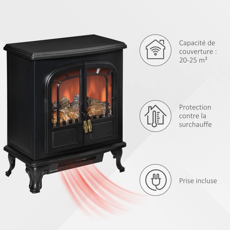 Neo-retro style electric stove fireplace, 2 doors, tempered glass, 1000/2000 W, adjustable LED brightness, steel and ABS, black.
