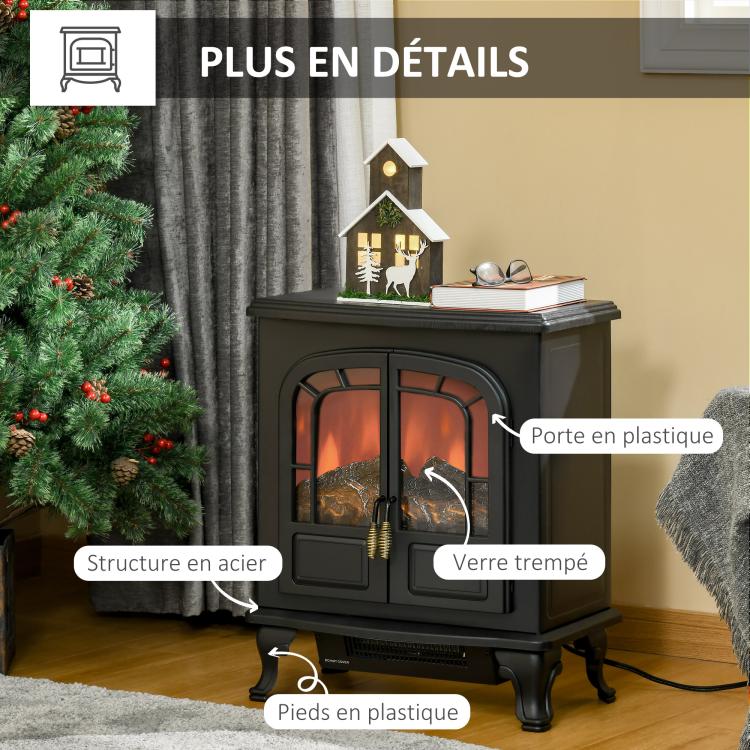 Neo-retro style electric stove fireplace, 2 doors, tempered glass, 1000/2000 W, adjustable LED brightness, steel and ABS, black.