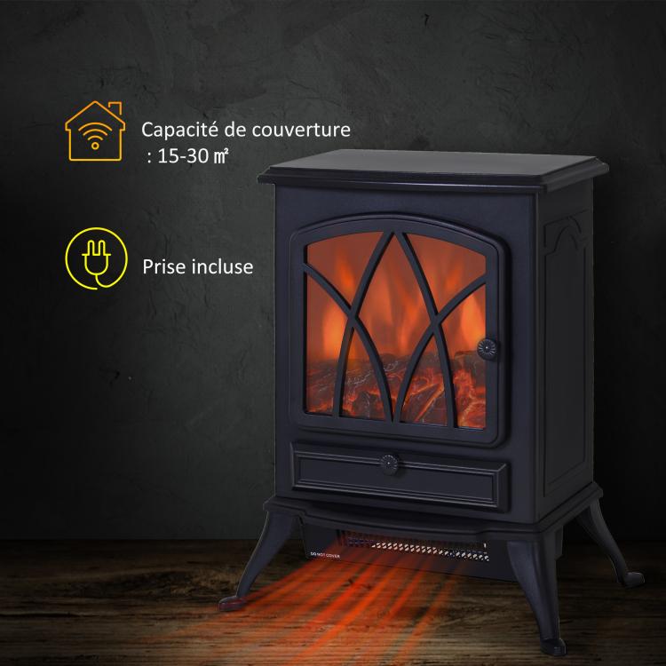Freestanding electric fireplace 1000/2000 W, decorative faux fireplace with LED flame effect, overheat protection, coverage area 15–30 m2, black