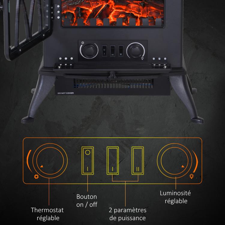 Freestanding electric fireplace 1000/2000 W, decorative faux fireplace with LED flame effect, overheat protection, coverage area 15–30 m2, black