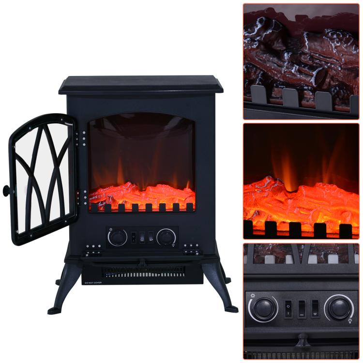 Freestanding electric fireplace 1000/2000 W, decorative faux fireplace with LED flame effect, overheat protection, coverage area 15–30 m2, black