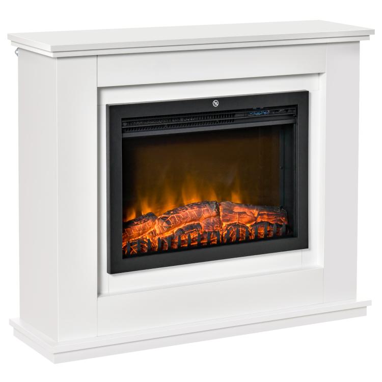 Electric Fireplace with Realistic Flame Effect and Wooden Surround, Electric Fireplace with Thermostat, Overheat Protection, Timer, and Remote Control, 1000W/2000W, 98x27.5x80cm, White