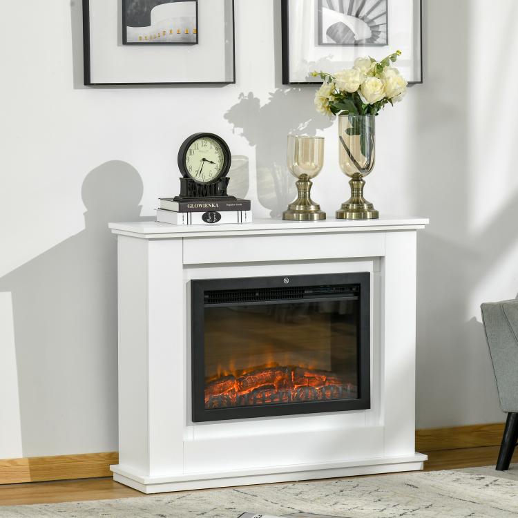 Electric Fireplace with Realistic Flame Effect and Wooden Surround, Electric Fireplace with Thermostat, Overheat Protection, Timer, and Remote Control, 1000W/2000W, 98x27.5x80cm, White