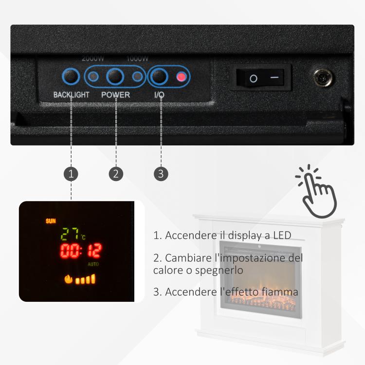 Electric Fireplace with Realistic Flame Effect and Wooden Surround, Electric Fireplace with Thermostat, Overheat Protection, Timer, and Remote Control, 1000W/2000W, 98x27.5x80cm, White