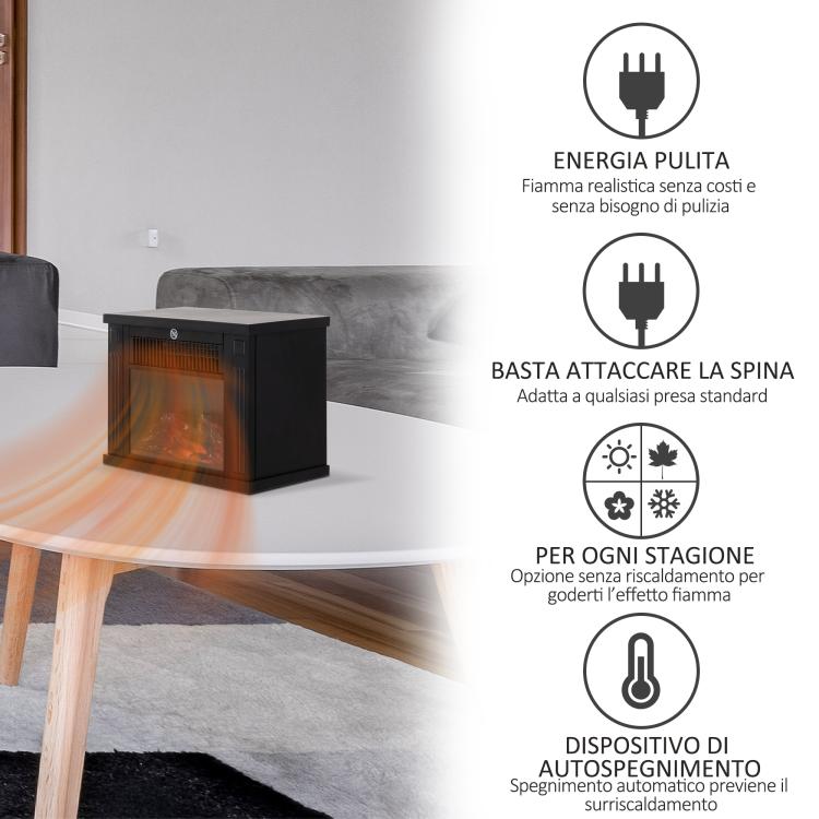 Tabletop Electric Fireplace with Flame Effect, Freestanding Electric Fireplace with Adjustable Power (600/1200W), Adjustable Temperature, 10–15 square meter Coverage, Black