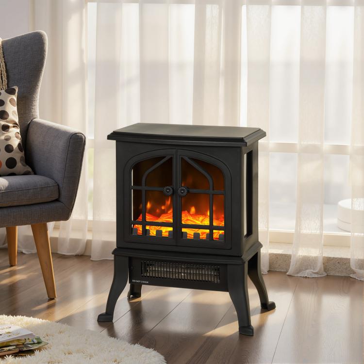 Electric fireplace with 3D flame effect, 1800/900 W, decorative faux fireplace, adjustable thermostat, 39x24x48 cm, black