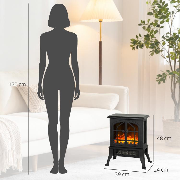 Electric fireplace with 3D flame effect, 1800/900 W, decorative faux fireplace, adjustable thermostat, 39x24x48 cm, black