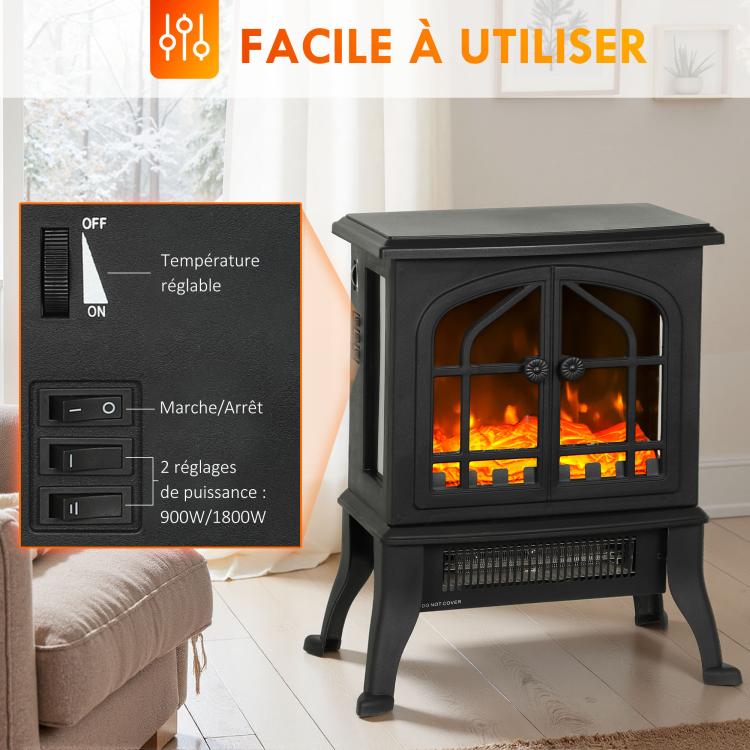 Electric fireplace with 3D flame effect, 1800/900 W, decorative faux fireplace, adjustable thermostat, 39x24x48 cm, black