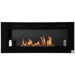 Wall-mounted/recessed bioethanol fireplace, 2.8 L burner, approx. 3.5-hour burn time, dimensions 102W x 16D x 43H cm, coverage 25–30 m2, metal.