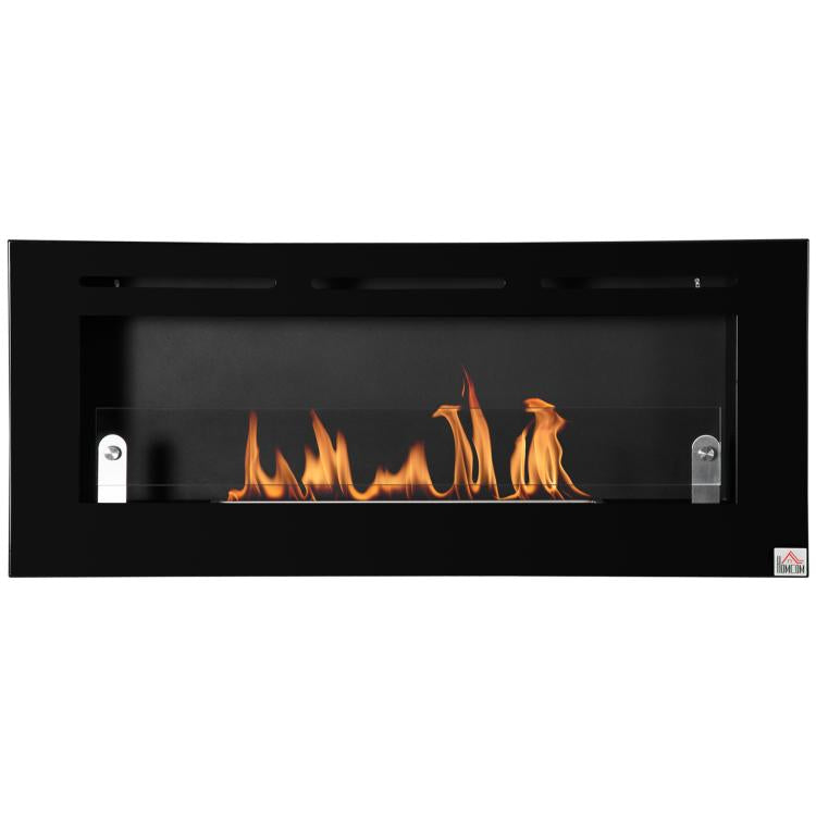 Wall-mounted/recessed bioethanol fireplace, 2.8 L burner, approx. 3.5-hour burn time, dimensions 102W x 16D x 43H cm, coverage 25–30 m2, metal.