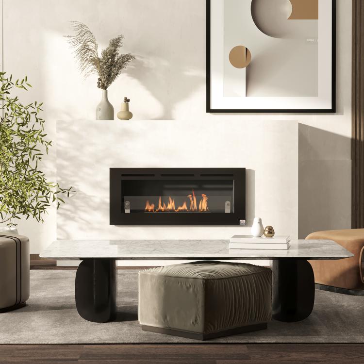 Wall-mounted/recessed bioethanol fireplace, 2.8 L burner, approx. 3.5-hour burn time, dimensions 102W x 16D x 43H cm, coverage 25–30 m2, metal.