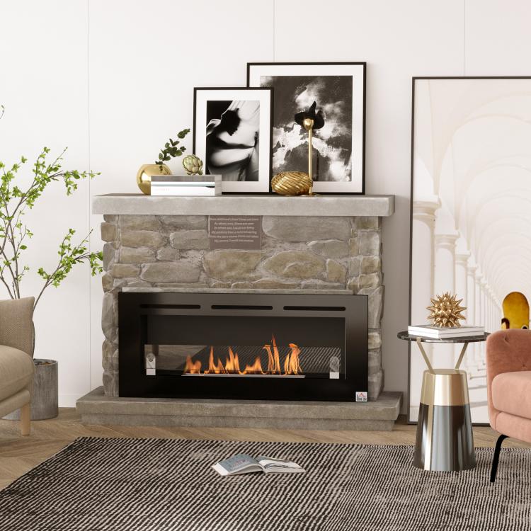 Wall-mounted/recessed bioethanol fireplace, 2.8 L burner, approx. 3.5-hour burn time, dimensions 102W x 16D x 43H cm, coverage 25–30 m2, metal.