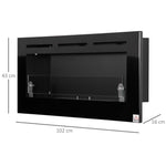 Wall-mounted/recessed bioethanol fireplace, 2.8 L burner, approx. 3.5-hour burn time, dimensions 102W x 16D x 43H cm, coverage 25–30 m2, metal.