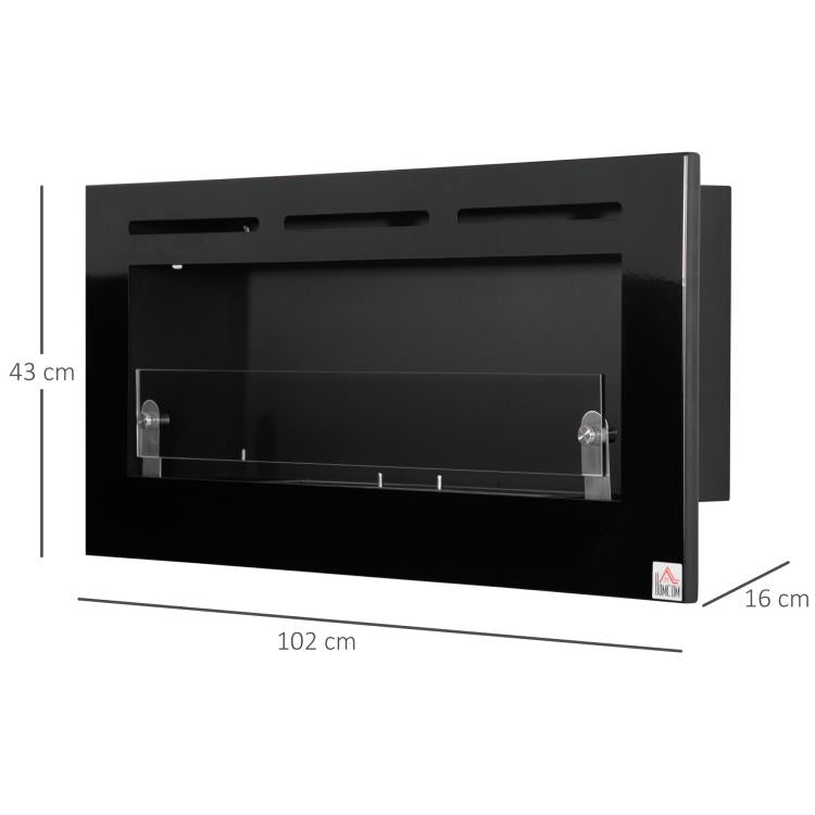 Wall-mounted/recessed bioethanol fireplace, 2.8 L burner, approx. 3.5-hour burn time, dimensions 102W x 16D x 43H cm, coverage 25–30 m2, metal.