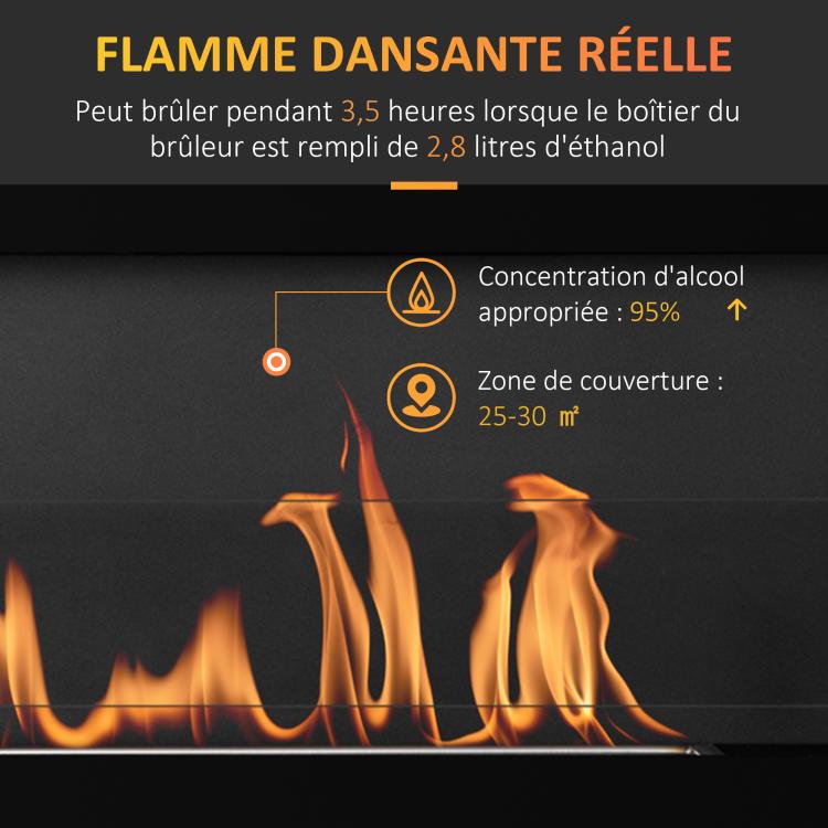 Wall-mounted/recessed bioethanol fireplace, 2.8 L burner, approx. 3.5-hour burn time, dimensions 102W x 16D x 43H cm, coverage 25–30 m2, metal.