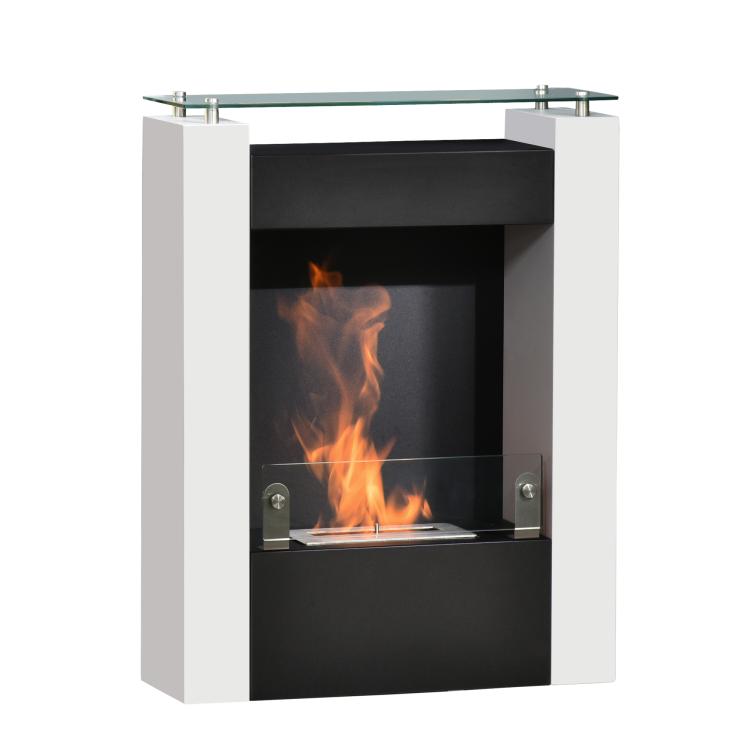 Bioethanol fireplace with 0.9 L burner and tempered glass shelf, 60 x 20 x 79 cm, black and white steel.