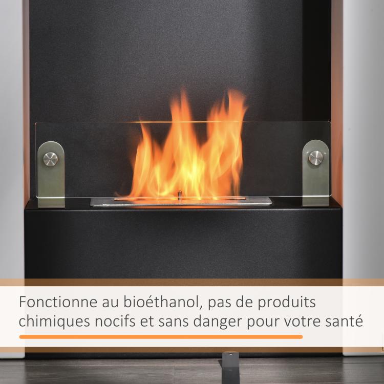 Bioethanol fireplace with 0.9 L burner and tempered glass shelf, 60 x 20 x 79 cm, black and white steel.