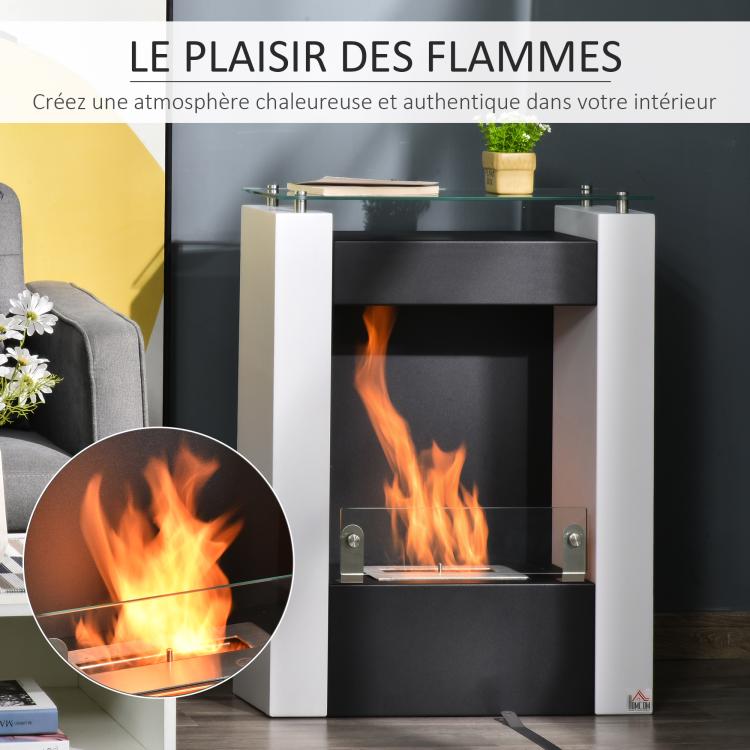 Bioethanol fireplace with 0.9 L burner and tempered glass shelf, 60 x 20 x 79 cm, black and white steel.