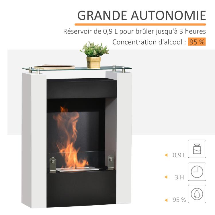 Bioethanol fireplace with 0.9 L burner and tempered glass shelf, 60 x 20 x 79 cm, black and white steel.