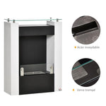 Bioethanol fireplace with 0.9 L burner and tempered glass shelf, 60 x 20 x 79 cm, black and white steel.