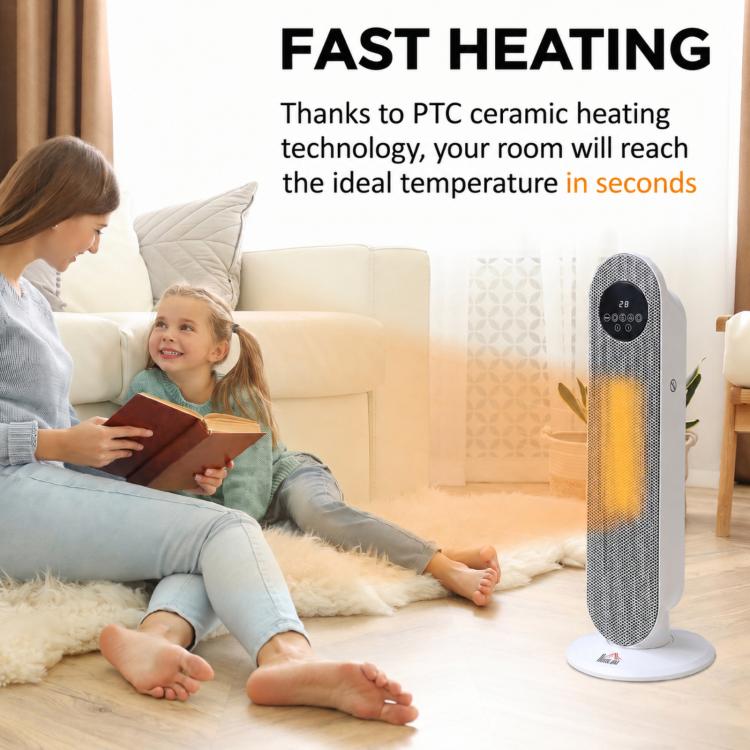 PTC Ceramic Electric Heater 1300/2000W with Remote Control 15–40 °C 45° Oscillation 12H Timer White