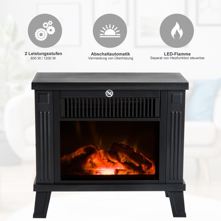 Electric Fireplace / Freestanding Stove with Flame Effect, 600/1200W, Metal, Black, 34x17x31 cm