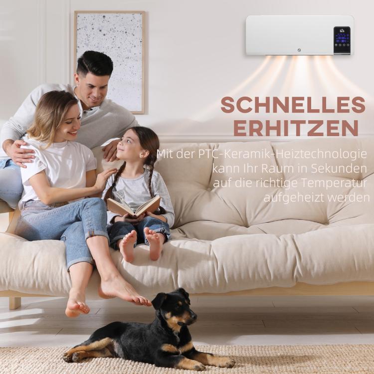 Electric heater, wall-mounted, oscillation function, 2 modes, timer, LED display, white
