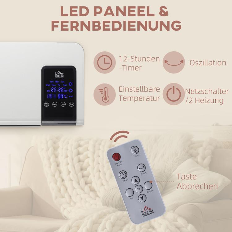 Electric heater, wall-mounted, oscillation function, 2 modes, timer, LED display, white