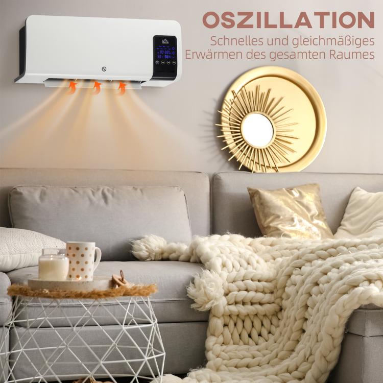 Electric heater, wall-mounted, oscillation function, 2 modes, timer, LED display, white