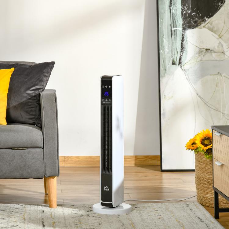 2200W Ceramic Tower Heater with Remote Control, 8-Hour Timer, and Oscillation – White & Black (ABS/PA) – 21 x 21 x 73 cm