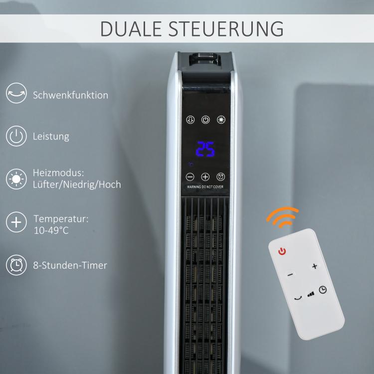 2200W Ceramic Tower Heater with Remote Control, 8-Hour Timer, and Oscillation – White & Black (ABS/PA) – 21 x 21 x 73 cm
