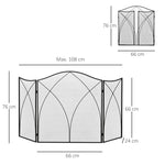 Fireplace spark guard, tri-fold, metal frame, coated finish, 108 x 2 x 76 cm, black
