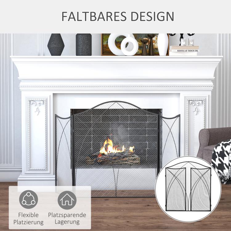 Fireplace spark guard, tri-fold, metal frame, coated finish, 108 x 2 x 76 cm, black