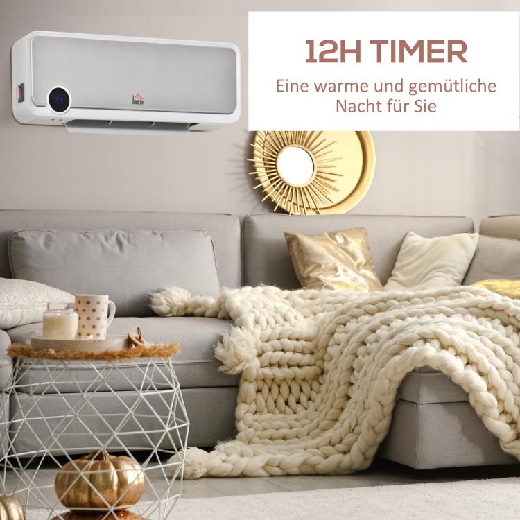 2000W Wall-Mounted Fan Heater with Remote Control, 3 Operating Modes, LED Display, and 12-Hour Timer