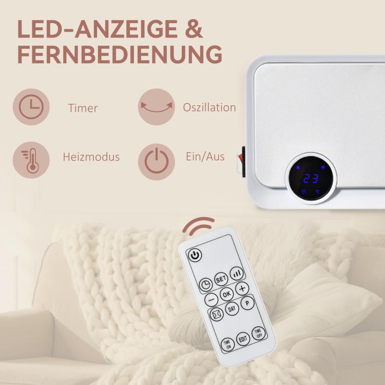 2000W Wall-Mounted Fan Heater with Remote Control, 3 Operating Modes, LED Display, and 12-Hour Timer
