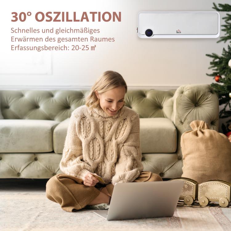 2000W Wall-Mounted Fan Heater with Remote Control, 3 Operating Modes, LED Display, and 12-Hour Timer