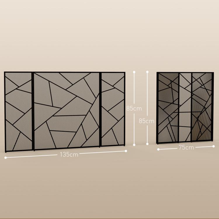 3-Panel Folding Steel Fireplace Screen with Geometric Design, 135x1.2x85cm, Black