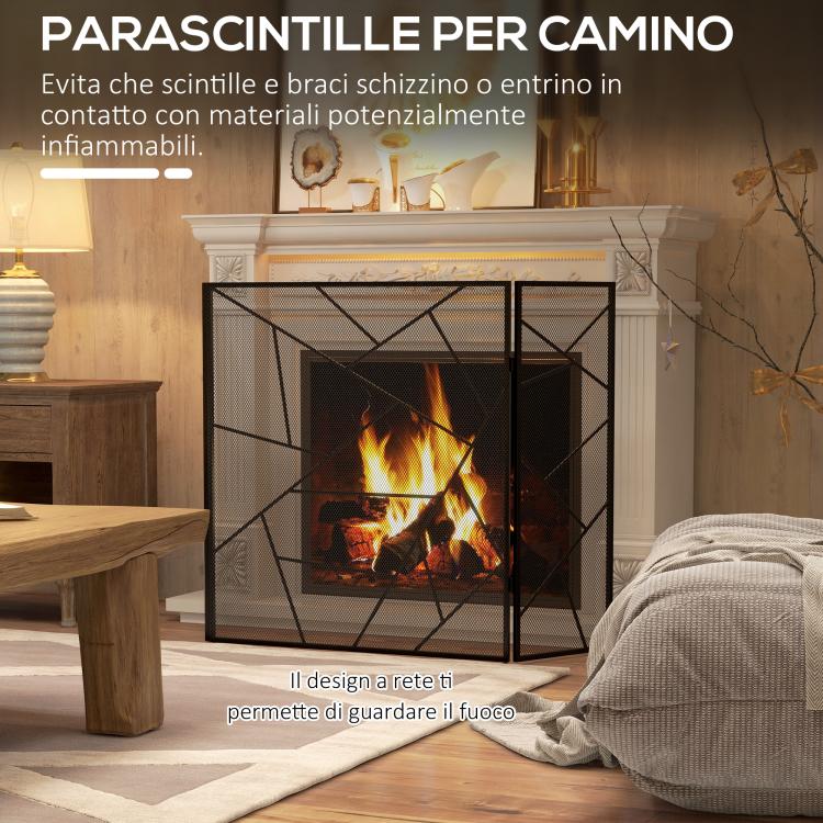 3-Panel Folding Steel Fireplace Screen with Geometric Design, 135x1.2x85cm, Black