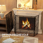 3-Panel Folding Steel Fireplace Screen with Geometric Design, 135x1.2x85cm, Black