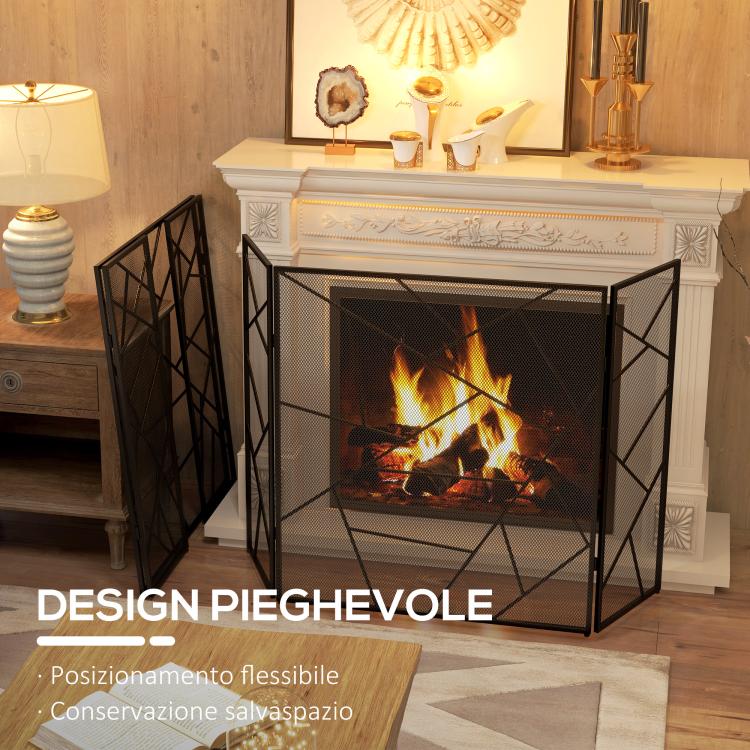 3-Panel Folding Steel Fireplace Screen with Geometric Design, 135x1.2x85cm, Black