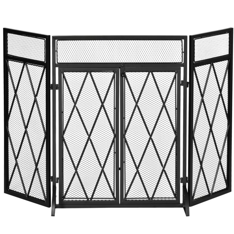 Fireplace Safety Screen 120 x 79 cm – Fireguard for Fireplace or Stove – Spark Guard – Safety Barrier – 3 Folding Panels and Door – Black Metal