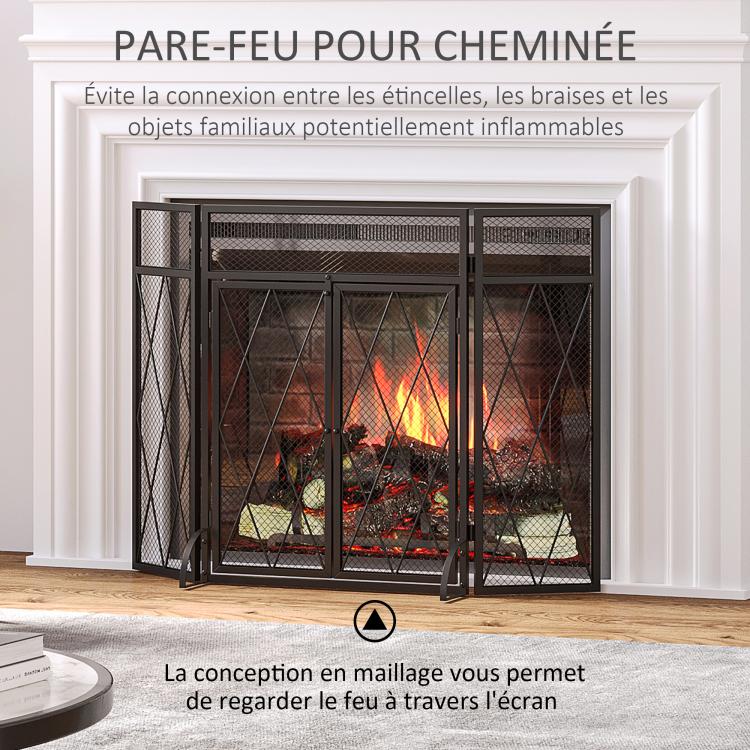 Fireplace Safety Screen 120 x 79 cm – Fireguard for Fireplace or Stove – Spark Guard – Safety Barrier – 3 Folding Panels and Door – Black Metal