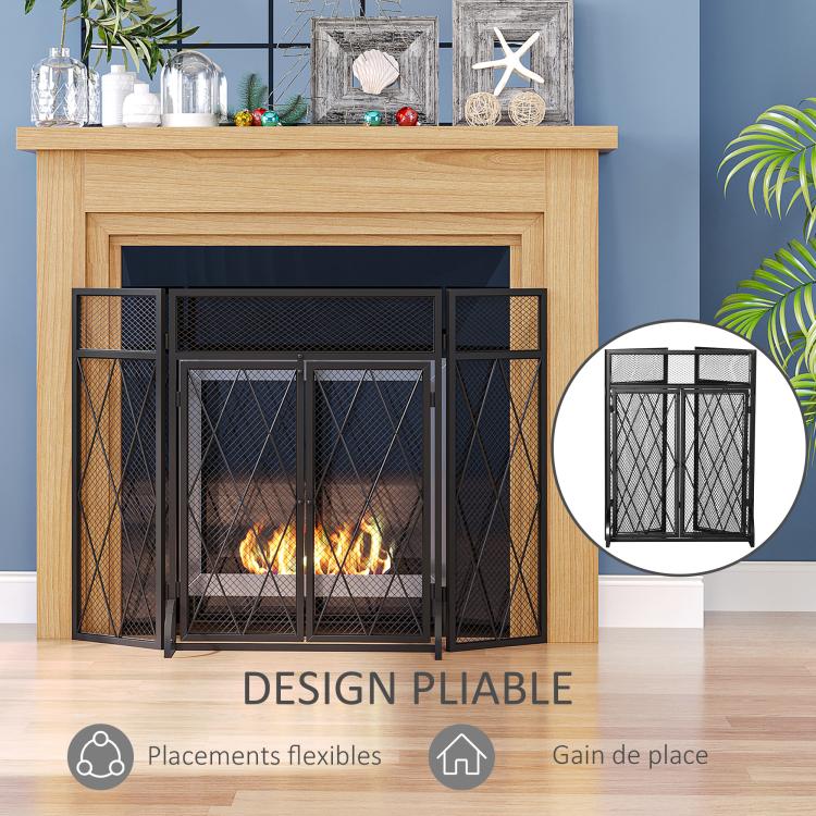 Fireplace Safety Screen 120 x 79 cm – Fireguard for Fireplace or Stove – Spark Guard – Safety Barrier – 3 Folding Panels and Door – Black Metal