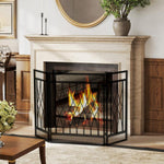 Fireplace Protection Screen – Wide Fire Guard for Fireplace or Stove – Spark Guard – Safety Barrier – 3-Panel Folding Design – Black Metal